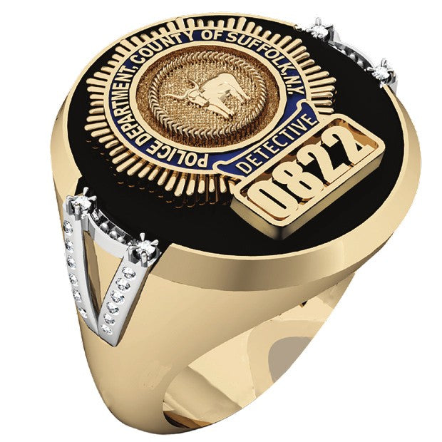 Mens Suffolk County PD Detective Black ONYX Oval Ring with Side Diamond Accents