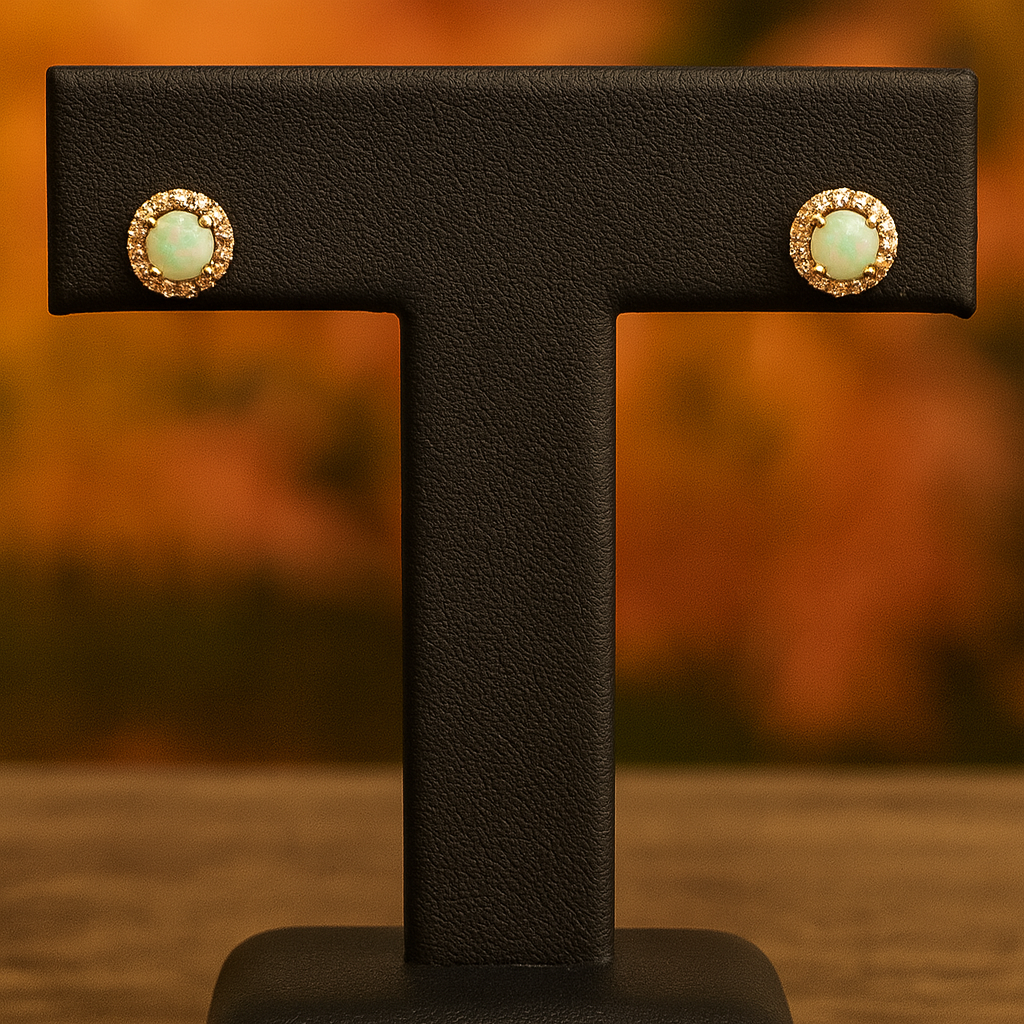14K Yellow Gold Opal & Diamond Halo Stud Earrings