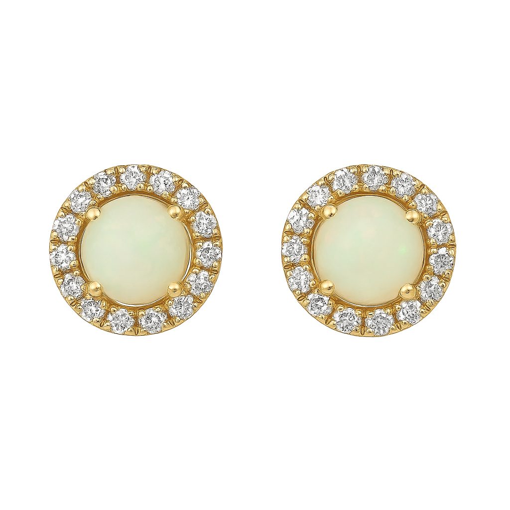 14K Yellow Gold Opal & Diamond Halo Stud Earrings