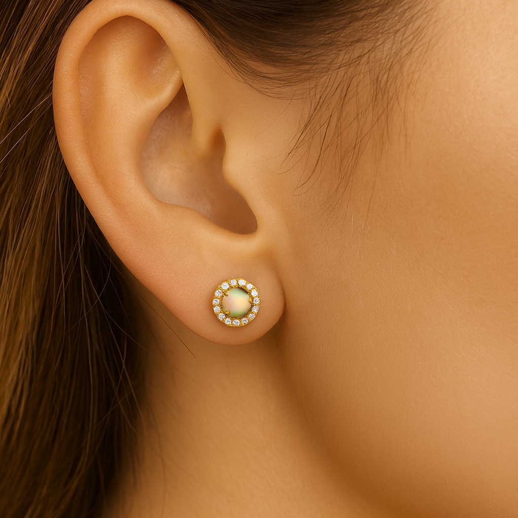 14K Yellow Gold Opal & Diamond Halo Stud Earrings