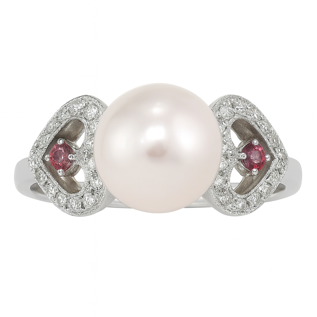 18K White Gold Pearl, Diamond & Pink Tourmaline Ring
