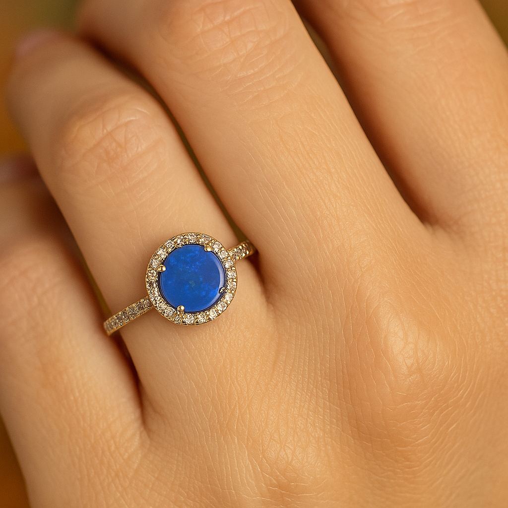 14K Yellow Gold Opal & Diamond Halo Ring
