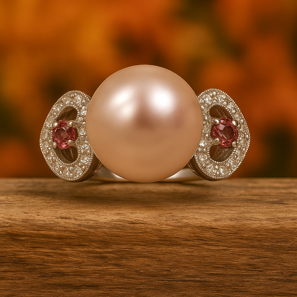 18K White Gold Pearl, Diamond & Pink Tourmaline Ring