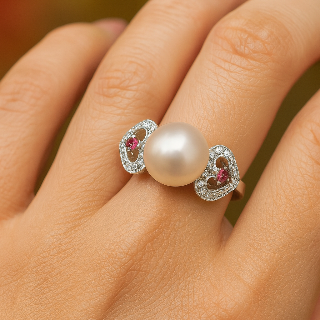 18K White Gold Pearl, Diamond & Pink Tourmaline Ring
