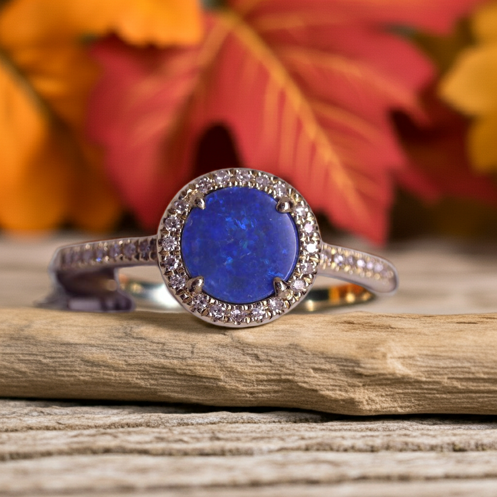 14K Yellow Gold Opal & Diamond Halo Ring