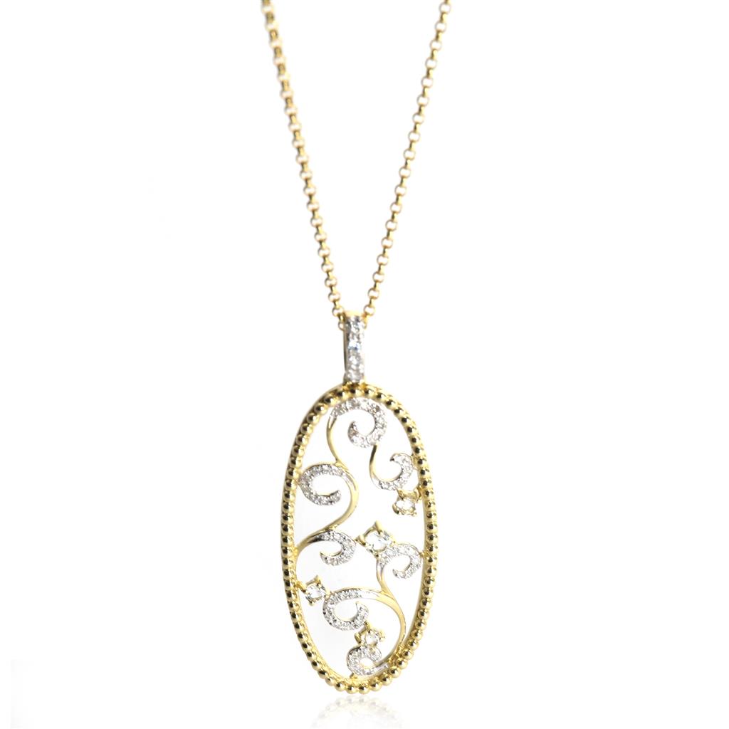 Lady's Yellow 14 Karat Beaded Oblong Open Scroll Work Pendant With Round White Topazs And 0.17tw Round Single Cut Diamonds