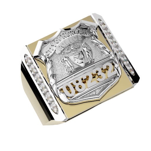 Mens NYPD PO Shield Ring Framed Side Diamonds