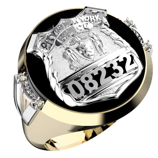 Mens NYPD PO Black ONYX Oval Ring Framed Side Diamonds