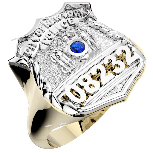 Womens NYPD PO Shield Ring Syn. Blue Sapphire Center Stone