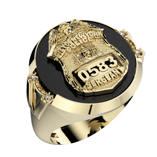 Mens NYPD Sergeant Black ONYX Oval Ring Framed Diamond Accent