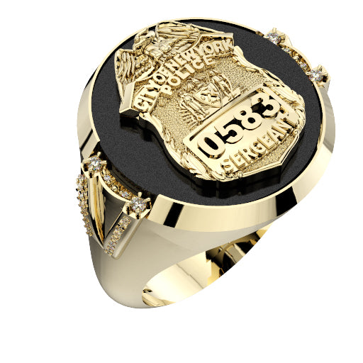 Mens NYPD Sergeant Black ONYX Oval Ring Diamond Accent Down Side