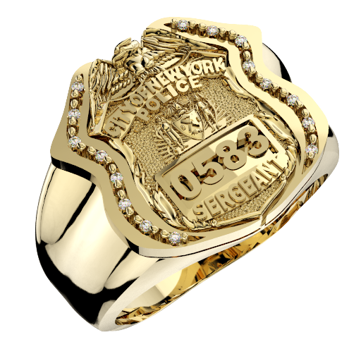 Mens NYPD Sergeant Shield Ring Framed Side Diamonds