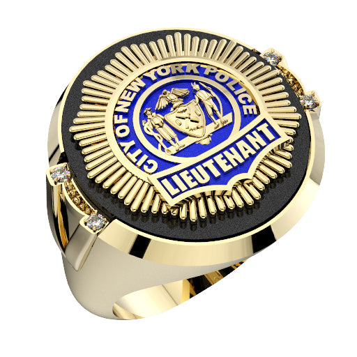 Mens NYPD Lieutenant Black ONYX Oval Ring Framed Diamond Accent