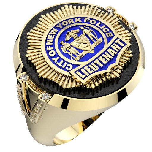 Mens NYPD Lieutenant Black ONYX Oval Ring with Side Diamond Accent
