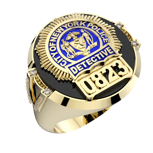 Mens NYPD Detective Black ONYX Oval Ring with Side Diamond Accents