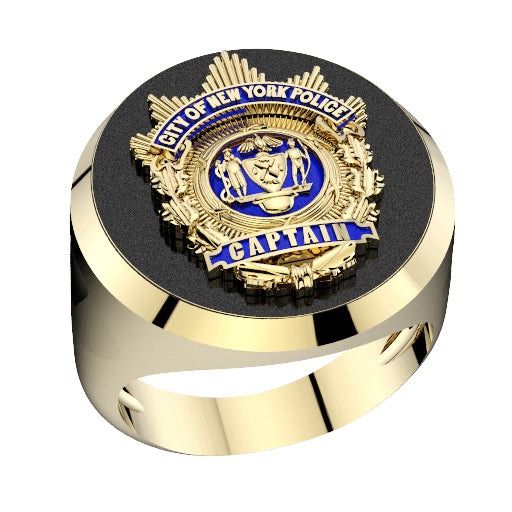 Mens NYPD Captain Shield Black Onyx Oval Ring