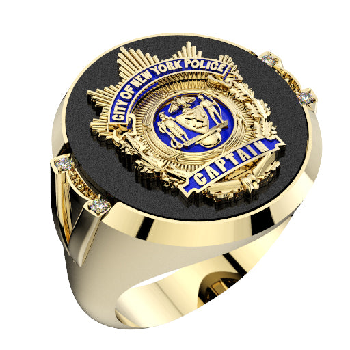 Mens NYPD Captain Shield Black ONYX Oval Ring with Framed Diamond Accents