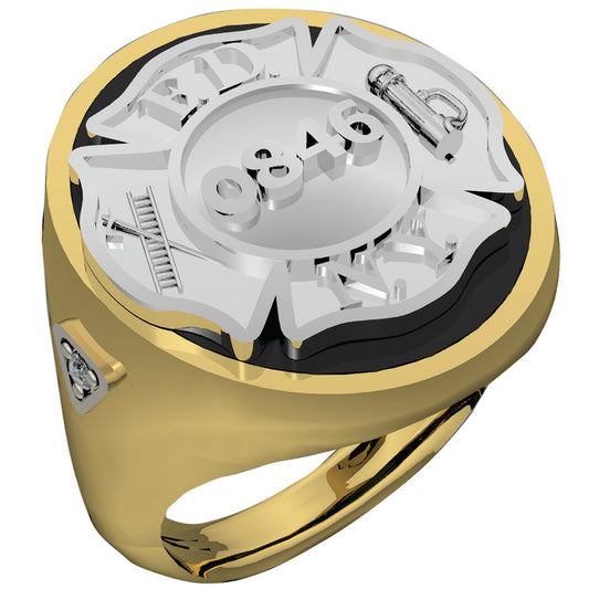 Mens FDNY Round Black Onyx Firefighter Ring with Diamond Side Accent