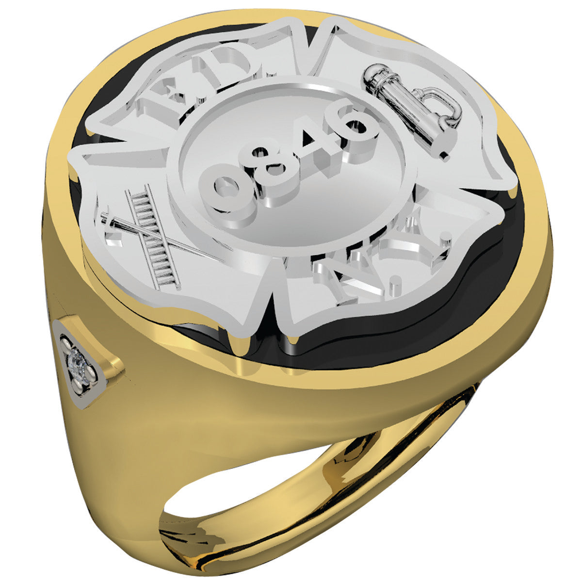 Mens FDNY Round Black Onyx Firefighter Ring with Diamond Side Accent