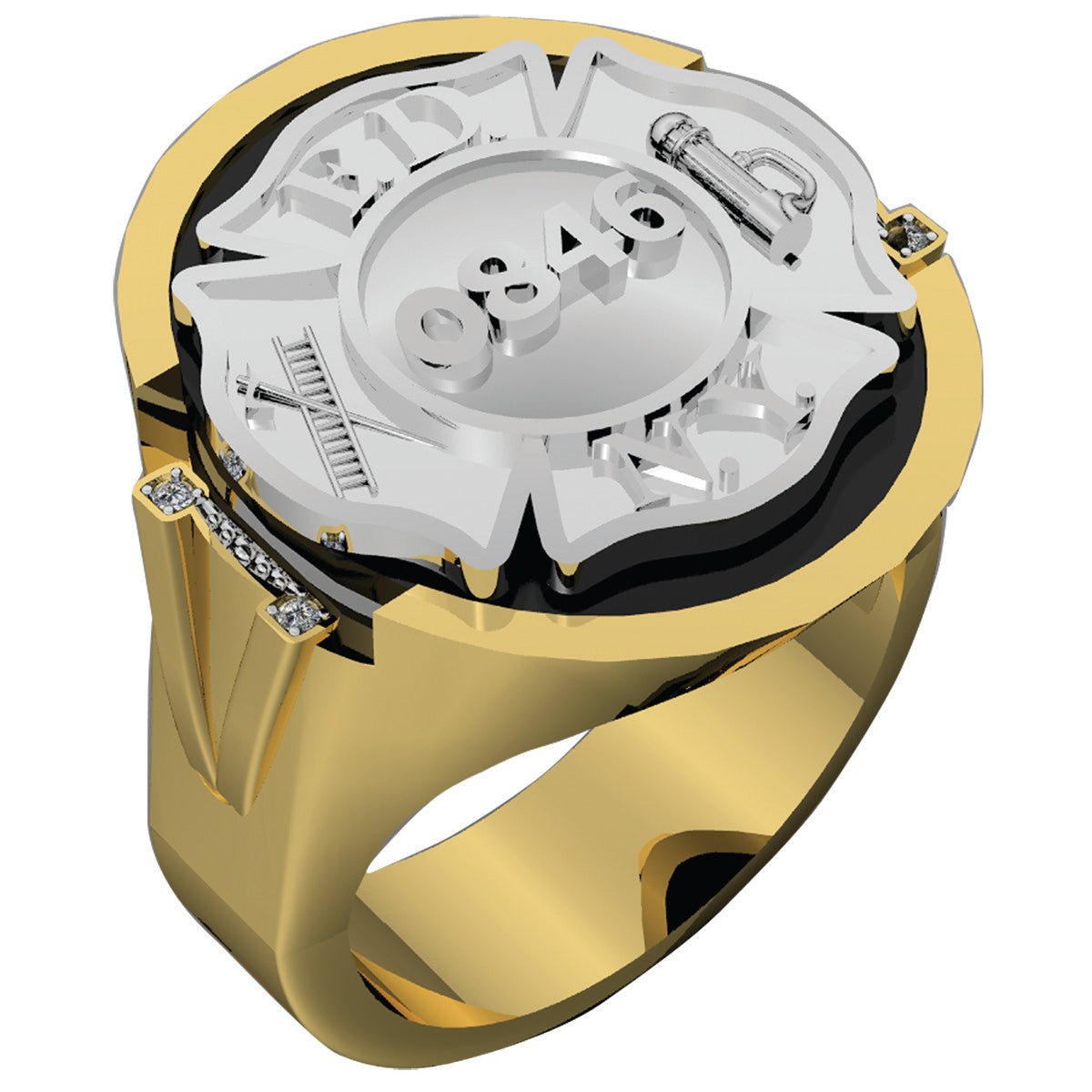 Mens FDNY Round Onyx Firefighter Ring with Diamond Accents