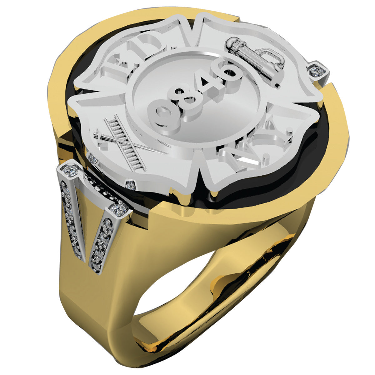 Mens FDNY Round Onyx Firefighter Ring with Diamond Side Accents