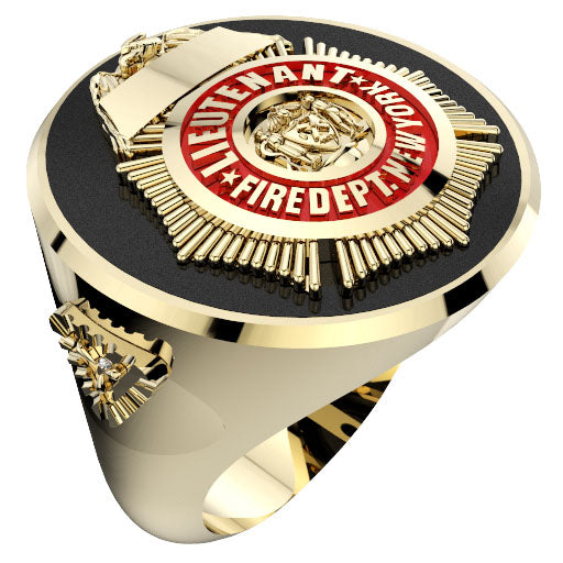 Mens FDNY Round Onyx Lieutenant Ring with Diamond Side Accents