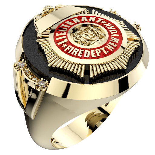 Mens FDNY Round Onyx Lieutenant Ring with Diamond Accents