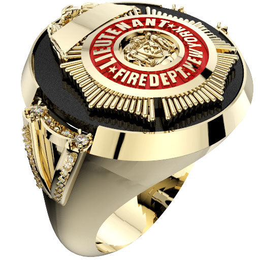 Mens FDNY Round Onyx Lieutenant Ring with Diamond Side Accents