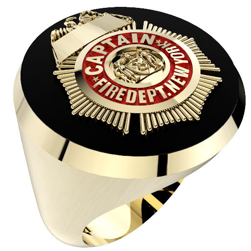 Mens FDNY Round Black Onyx Captain Ring