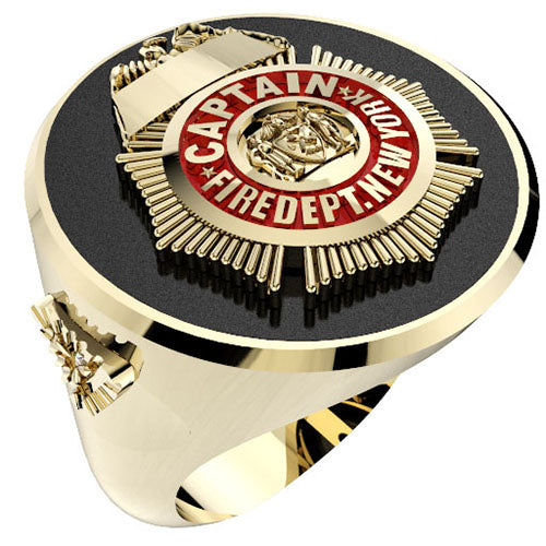 Mens FDNY Round Onyx Captain Ring with Diamond Side Accents