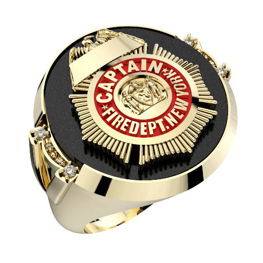 Mens FDNY Round Onyx Captain Ring with Diamond Accents