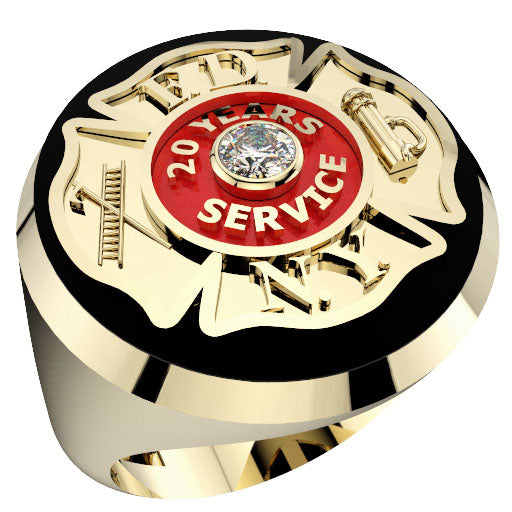Mens FDNY 20 Years Service Round Black Onyx Ring