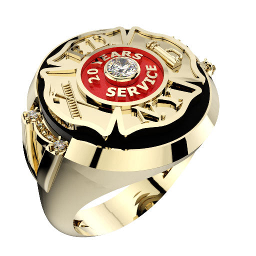 Mens FDNY 20 Years Service Round Onyx Ring with Cubic Zirconia Accents