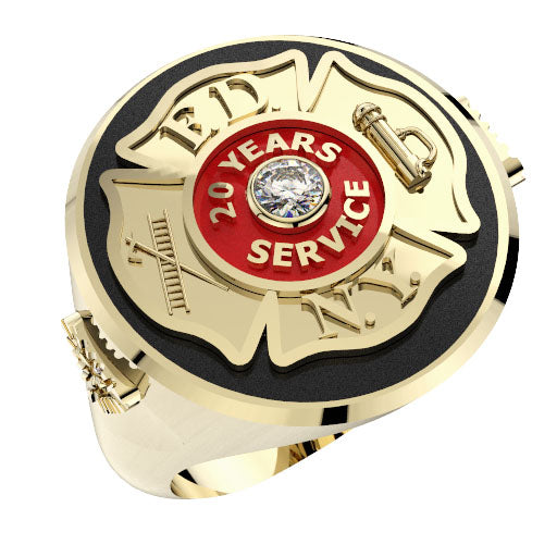 Mens FDNY 20 Years Service Round Onyx Ring with Cubic Zirconia Accents