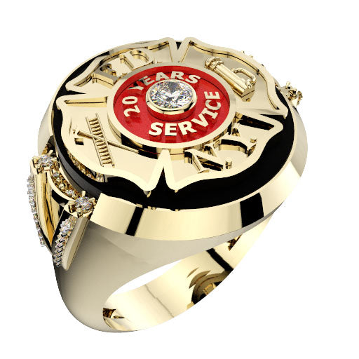 Mens FDNY 20 Years Service Round Onyx Ring with Cubic Zirconia Accents