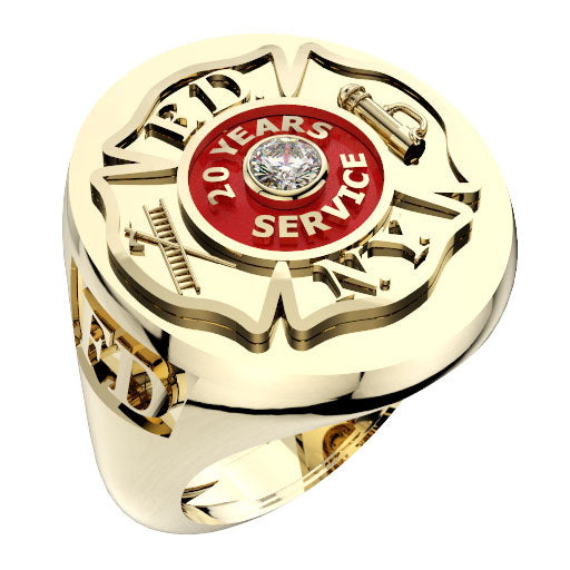 Mens FDNY 20 Years Service Badge Ring with Cubic Zirconia