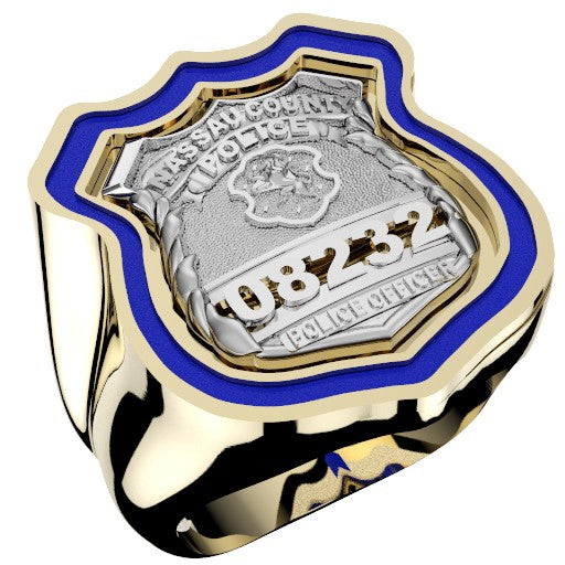 Mens Nassau County PD PO Shield Ring Thin Blue Line Royal Blue Enamel