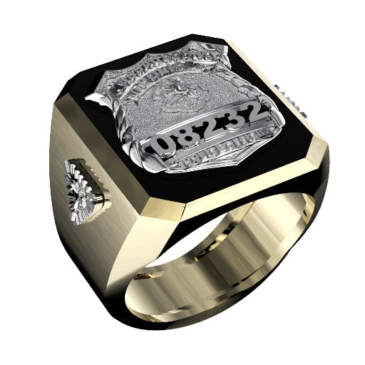 Mens Nassau County PD PO Black ONYX Rectangle Ring Diamond Accents
