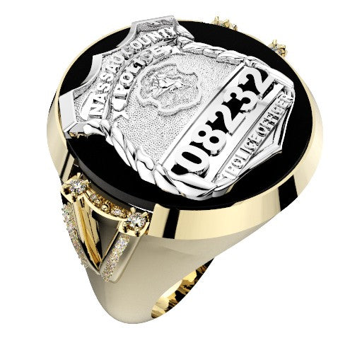Mens Nassau County PD PO Black ONYX Oval Ring Diamond Accents Down Side