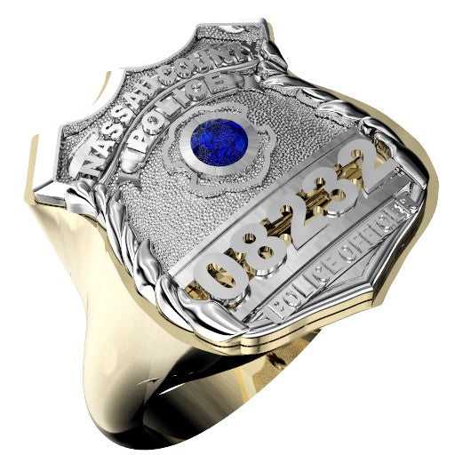 Womens Nassau County PD PO Shield Ring Syn. Blue Sapphire Center Stone