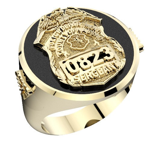 Mens Nassau County PD Sergeant Black ONYX Oval Ring Side Diamond Accent