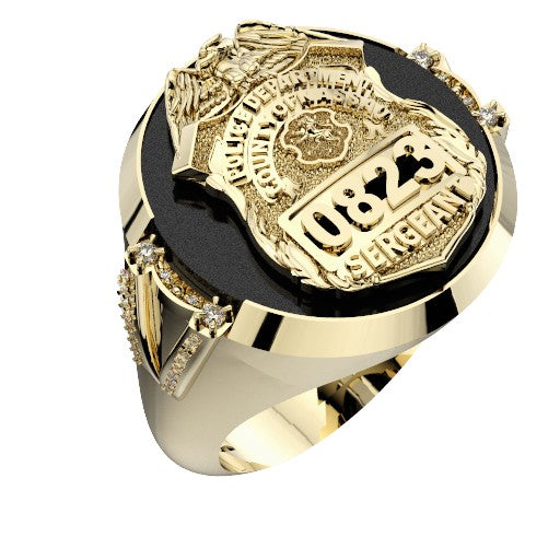 Mens Nassau County PD Sergeant Black ONYX Oval Ring Diamond Accent Down Side