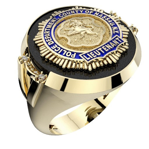 Mens Nassau County PD Lieutenant Black ONYX Oval Ring Framed Diamond Accent