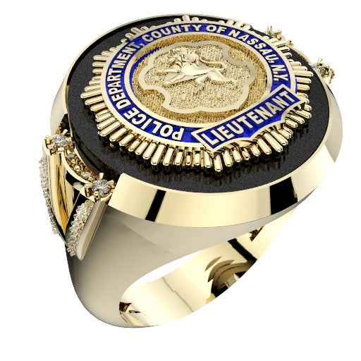 Mens Nassau County PD Lieutenant Black ONYX Oval Ring with Side Diamond Accent