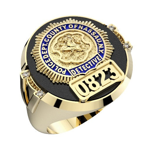 Mens Nassau County PD Detective Black ONYX Oval Ring with Diamond Accents