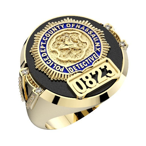 Mens Nassau County PD Detective Black ONYX Oval Ring with Side Diamond Accents