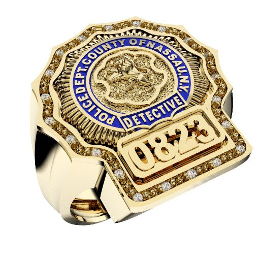 Mens Nassau County PD Detective Diamond Edge Shield XL Ring