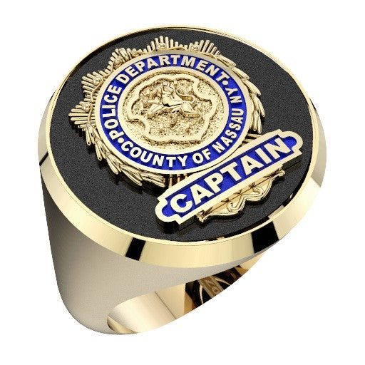 Mens Nassau County PD Captain Shield Black Onyx Oval Ring