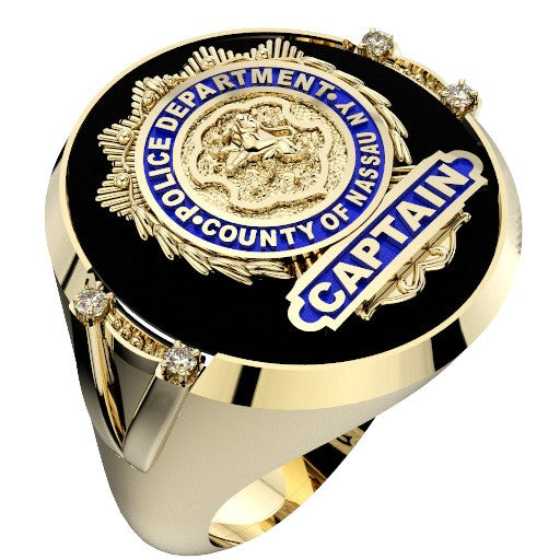 Mens Nassau County PD Captain Shield Black ONYX Oval Ring with Framed Diamond Accents