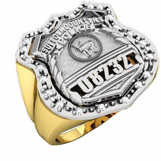 Mens Suffolk County PD PO Shield Ring Surrounded by Diamonds